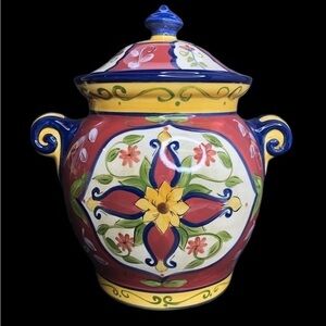 Pier 1 Vallarta 12” Handpainted Earthenware Floral Leaf Cookie Jar w/Lid NWT
